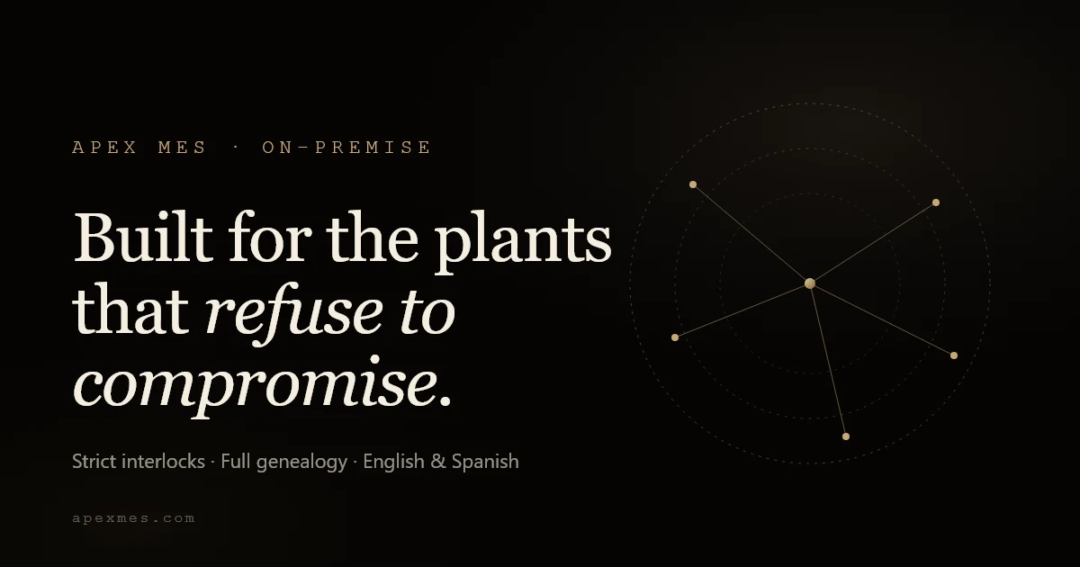 Apex MES, built for the plants that refuse to compromise: strict interlocks, full genealogy, in English and Spanish.